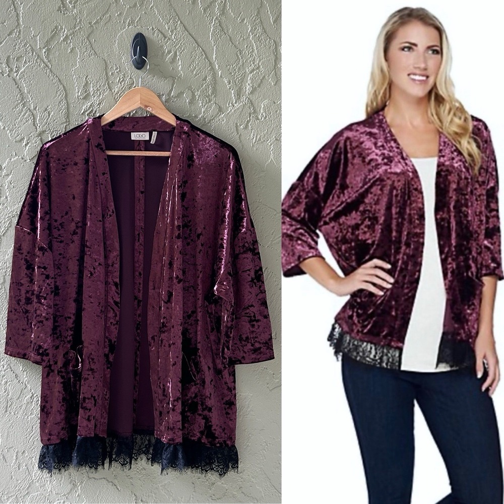 Logo by Lori Goldstein Women's Size Large Purple Panne Velvet Lace Hem Cardigan